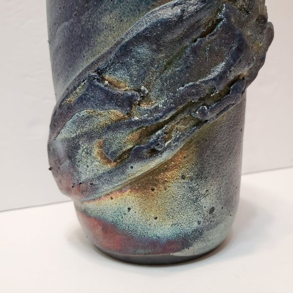Iridescent Metallic Raku Pottery Vase, Signed - Picture 7 of 11